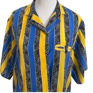 Vintage 1990's Blue Yellow Stripe Short Sleeve Shirt‎ Size XL Vibrant Bold